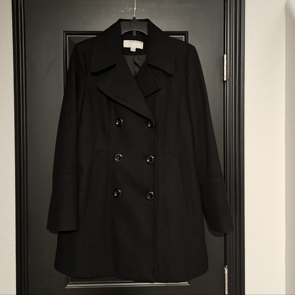 Anne Klein Charcoal Double-Breasted Wool Blend Peacoat Size Medium